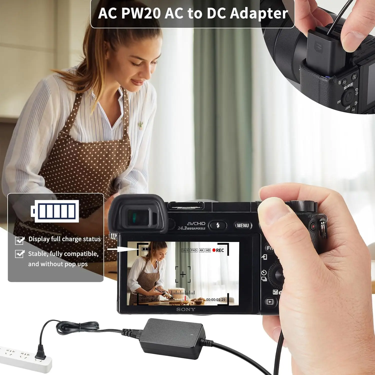 AC-PW20 مصدر الطاقة NP-FW50 ZV-E10 بطارية الدمية AC PW20 مجموعة محول التيار المتردد المستمر لسوني ألفا ZVE10 A6400 A6000 A5100 A6100 A6300 A6500 A7 A7II A7S A7SII Cyber-shot DSC-RX10 II III IV، NEX-3Cameras.