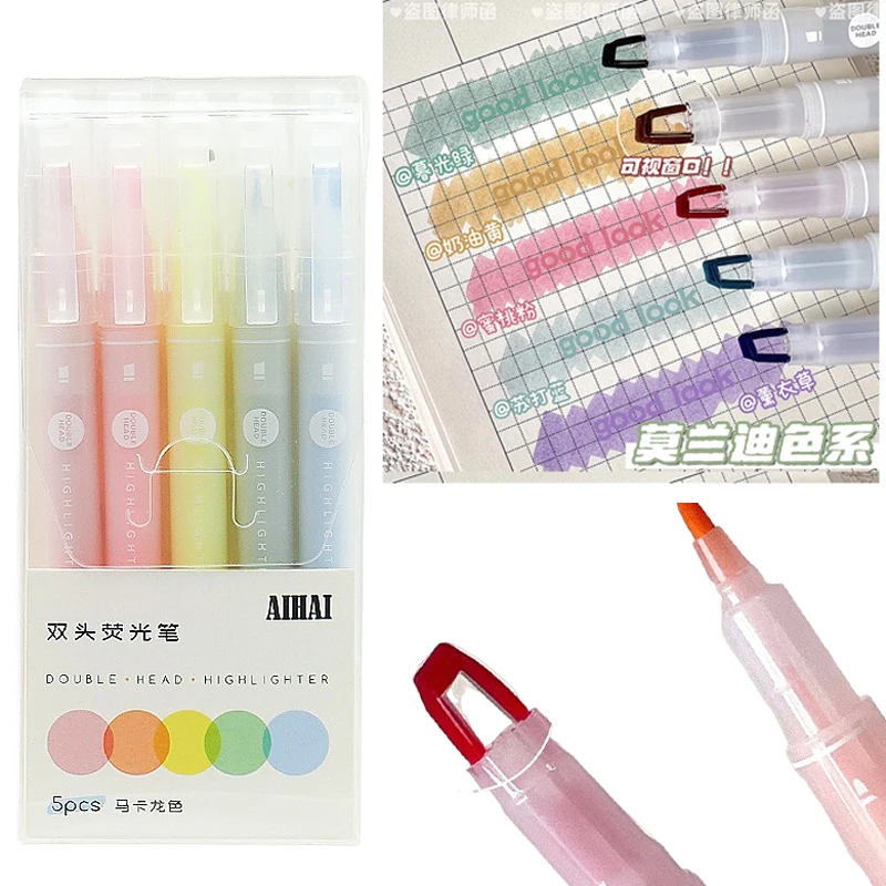 5 Colors Double Unique Window Tip Highlighter Pen Double Head Pastel Color Highlighters Marker School Stationery Supplies