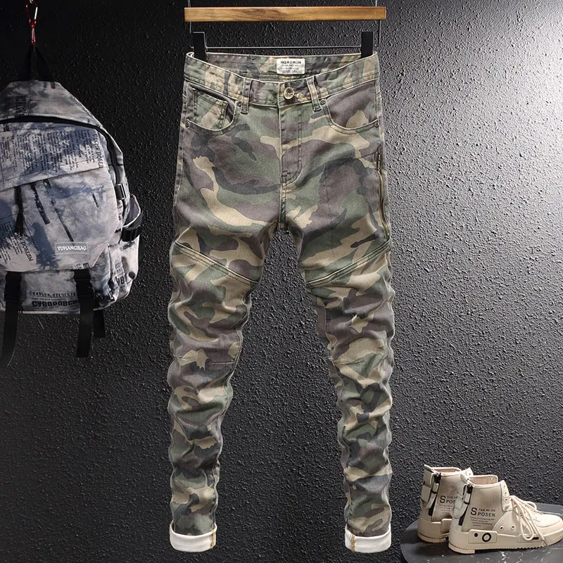 

High Street Fashion Men Jeans Camo Casual Stretch Slim Fit Zipper Spliced Designer Jeans Men Black Vintage Denim Pants Hombre