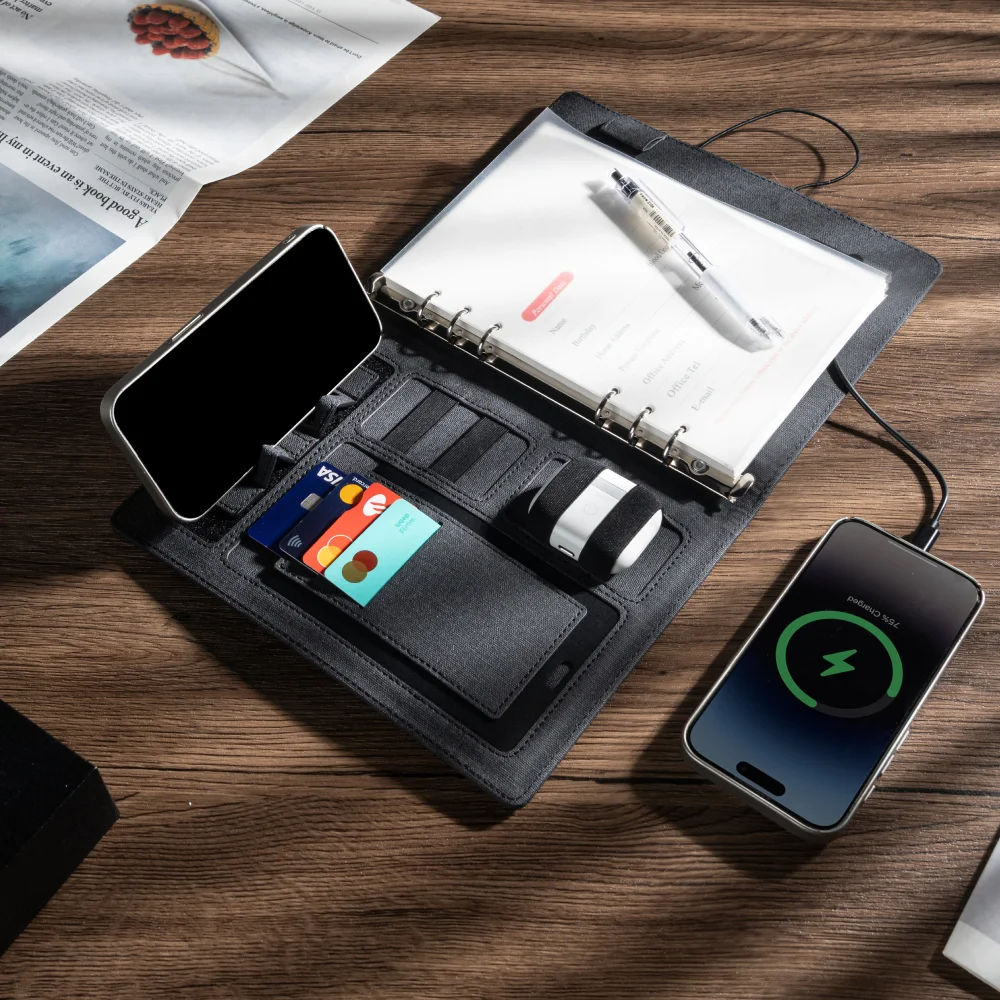 A5 Wireless Charging Notebook with Foldable Phone Stand, Linen Leather Cover, 3-in-1 Cable and Card Slots for Business Use