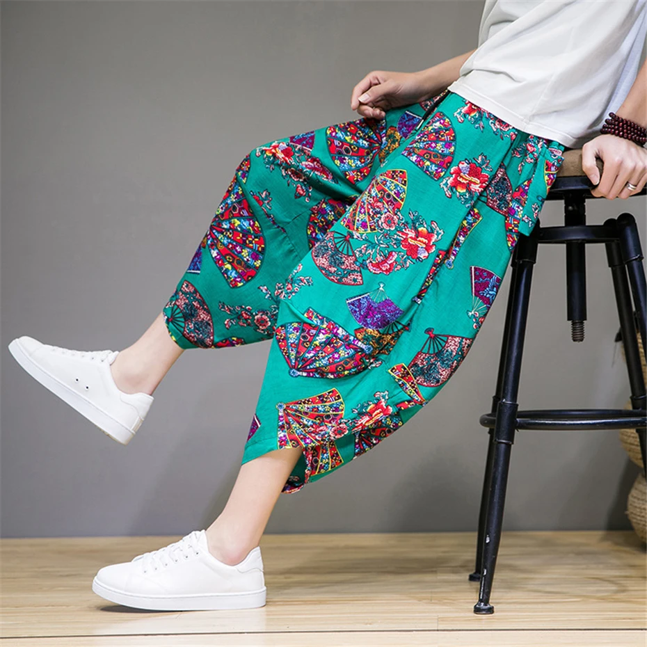 

Summer Linen Pants Men Hip Hop Streetwear Flower Graffiti Calf-length Pants Fashion Loose Pant Male Harajuku Bottom