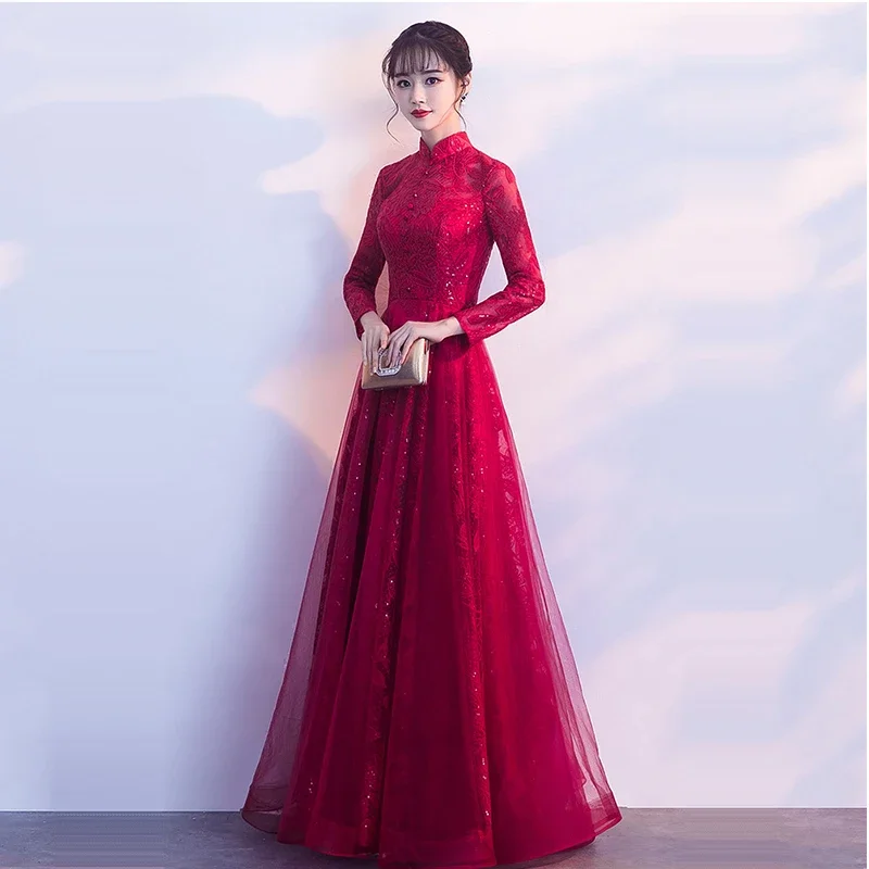 It's Yiiya Maßgeschneiderte Abendkleider, Burgunderrot, hoher Kragen, Knöpfe, volle Ärmel, bodenlang, Reißverschluss, Übergröße, Party-formale Kleider