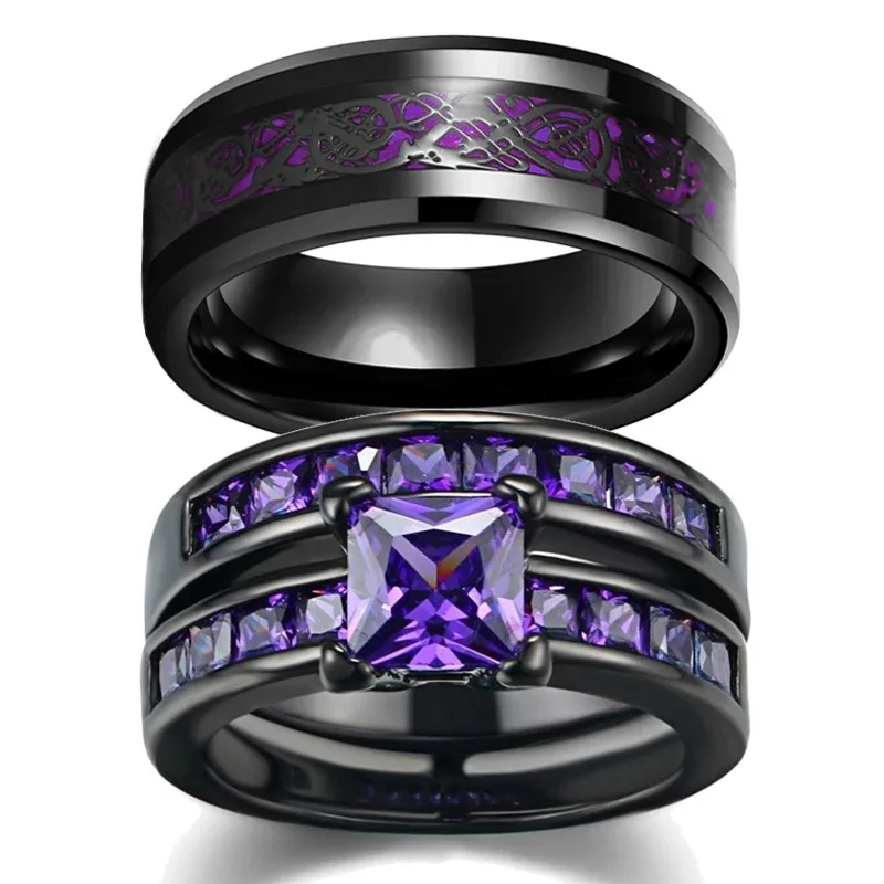 Charm Couple Rings For Women Purple Rhinestones Zircon Rings Set Men's Stainless Steel Celtic Dragon Rings Wedding Party Jewelry