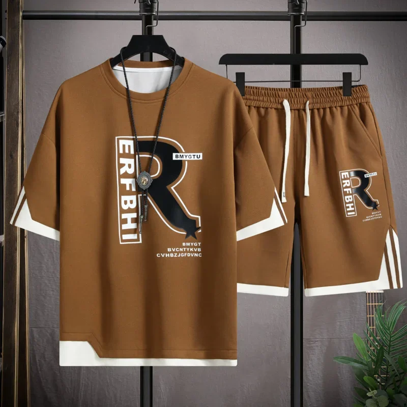 Men's Fashion Short-sleeved and Shorts 2-piece Sportswear Set, Men's Summer Style Jogger Casual Sports Breathable Set