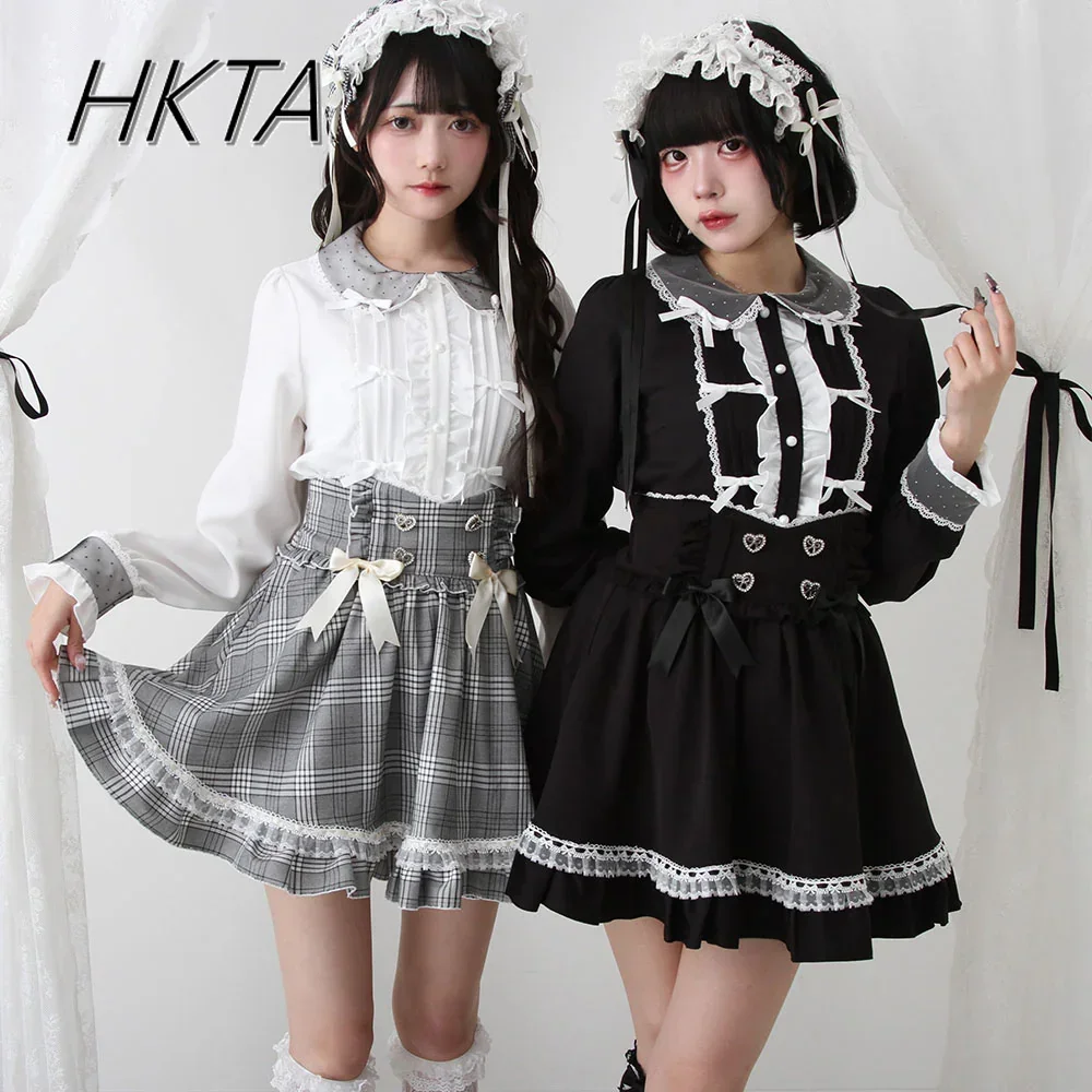 

Japanese Sweet Niche Design Black Shirt Sweet Bow Lace Splicing Blouse Lolita Girls White Shirts Top Spring Long Sleeve Camisa