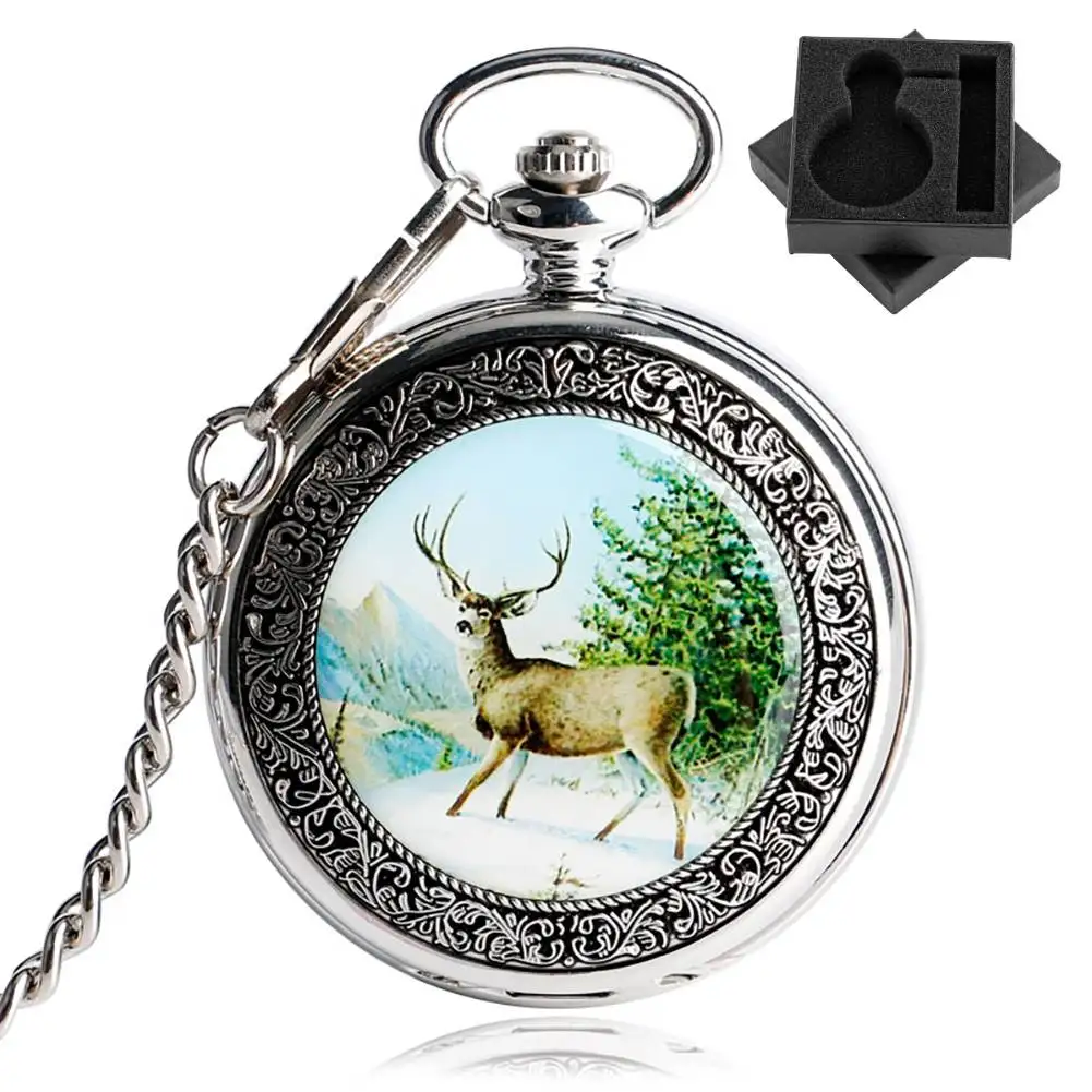 Серебряные/бронзовые ретро механические карманные часы с ручным заводом, декор с рисунком оленя, полный брелок-цепочка для охотника, кулон, часы, рождественский подарок