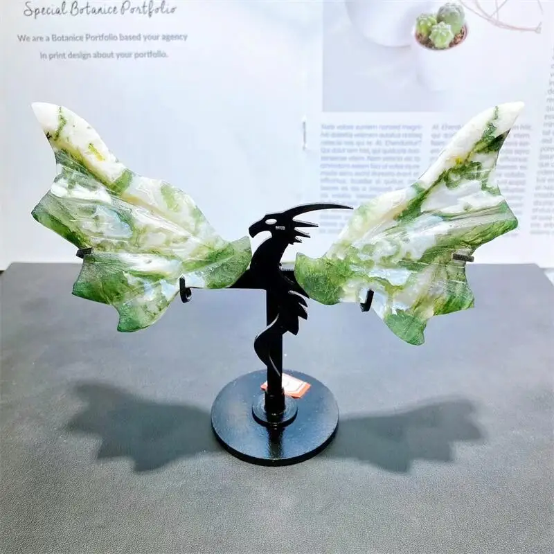 

Natural Moss Agate Dragon Wings Carving Sculpture Quartz Healing Energy Gemstone Crafts For Home Decoration 1pair