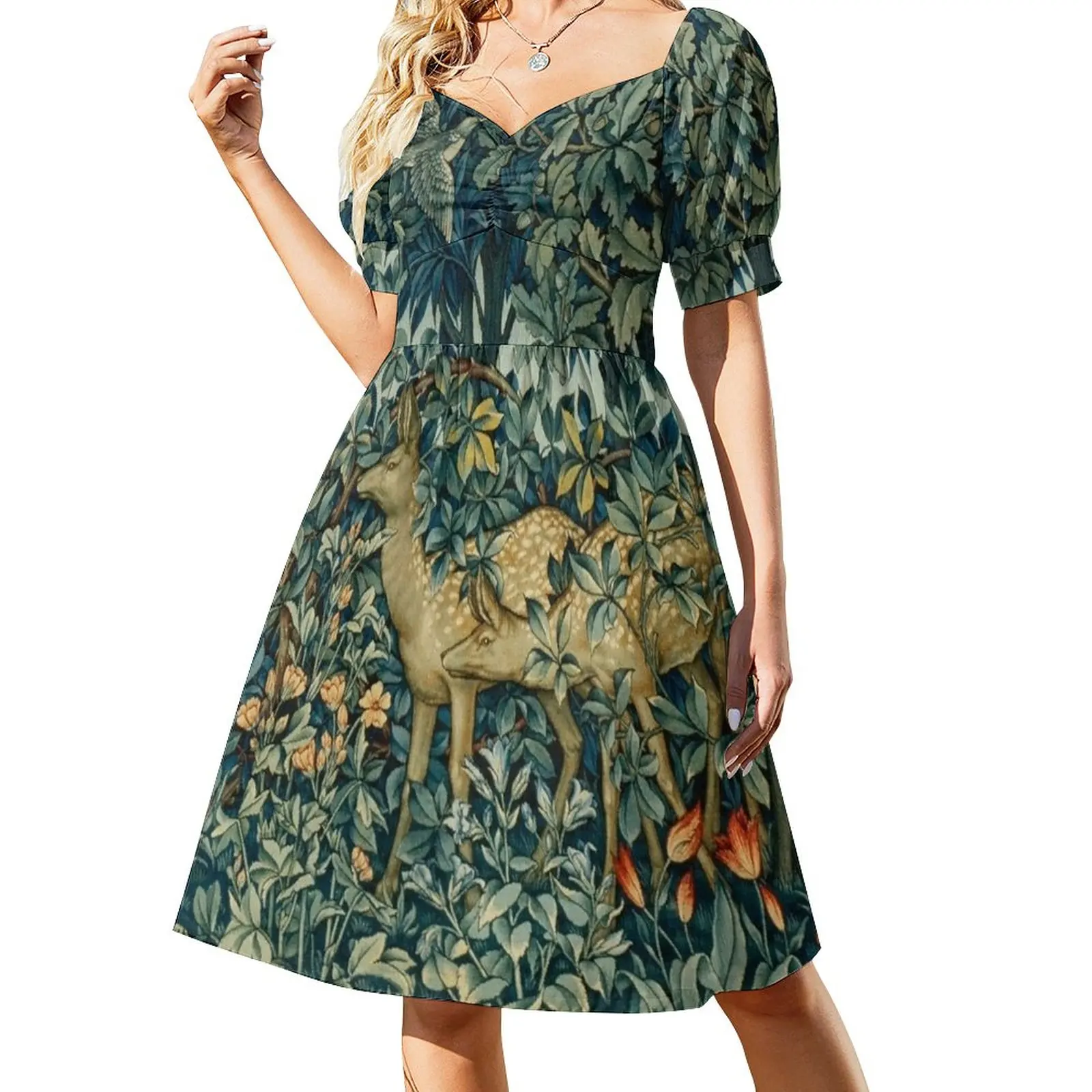 GREENERY,TWO DOES AND BIRDS IN FOREST BlueGreen Floral Tapestry Dress dress for woman clothes for women