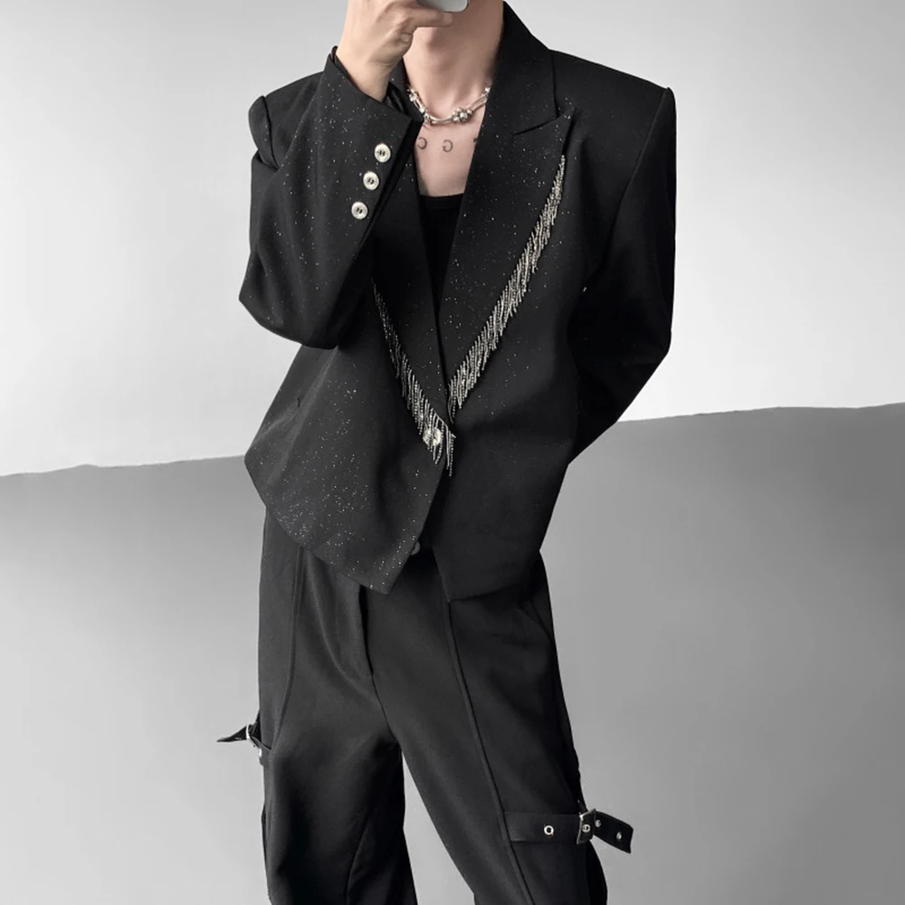 Mens Spring Short Jacket Tassels Nightclub Shimmer Casual Jacket Streetwear Fashion Stage Performance Niche Top Men'S Clothing