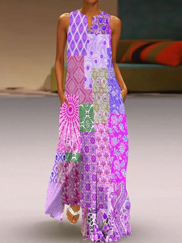 Colorful Flower Geometric Color Matching 3D Printed Long Dress Sexy V-neck Sleeveless Maxi Dress Urban Street Trend Womens Dress