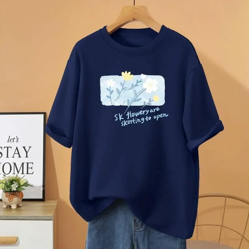 

Summer Cotton Casual Loose T-shirt Women Clothing Vintage Basics Pullovers O-neck Short Sleeve Printed Top Tee