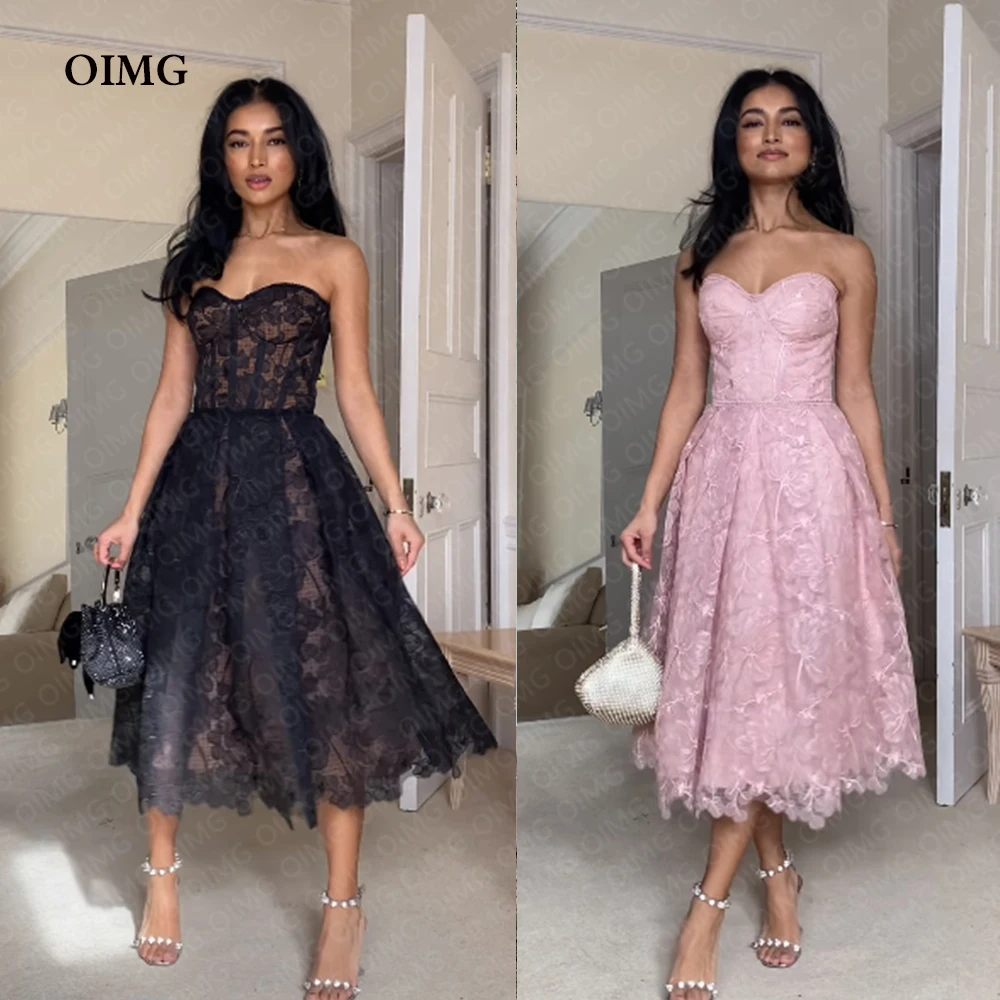 

OIMG Pink Black Lace Short A Line Evening Dresses Sweetheart Applique Women Night Prom Gowns Formal Party vestidos de fiesta