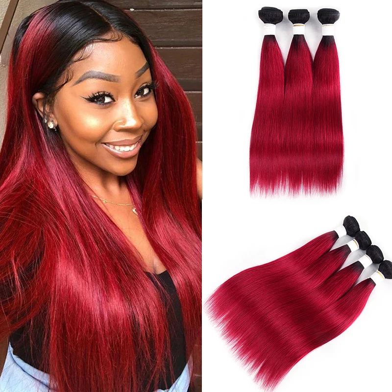 Ombre Red Straight Hair Bundles Brazilian 100% Human Hair Weave Bundles SOKU 1/3PCS/4PCS Bundles Deals Remy Hair Extension