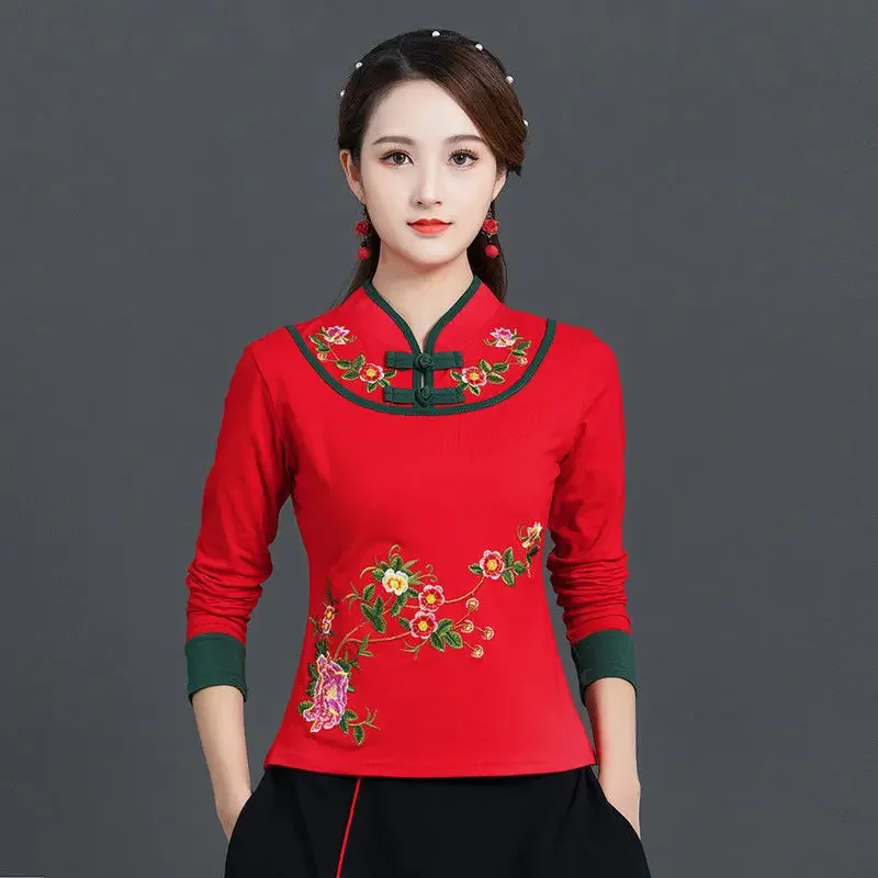 T-shirt brodé à manches longues pour femmes, haut à col montant, coton, bouton rétro, style chinois, printemps, automne, nouveau