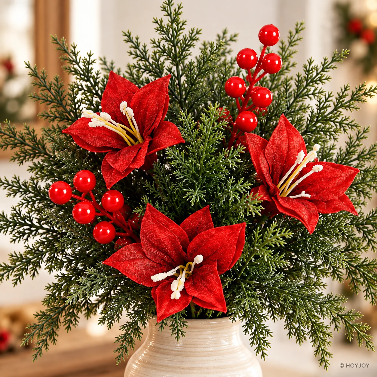 HOYVJOY 10/22pcs Christmas Floral Stems Red Flowers Green Branches Berries Cozy Family Holiday Home Vase Decorations
