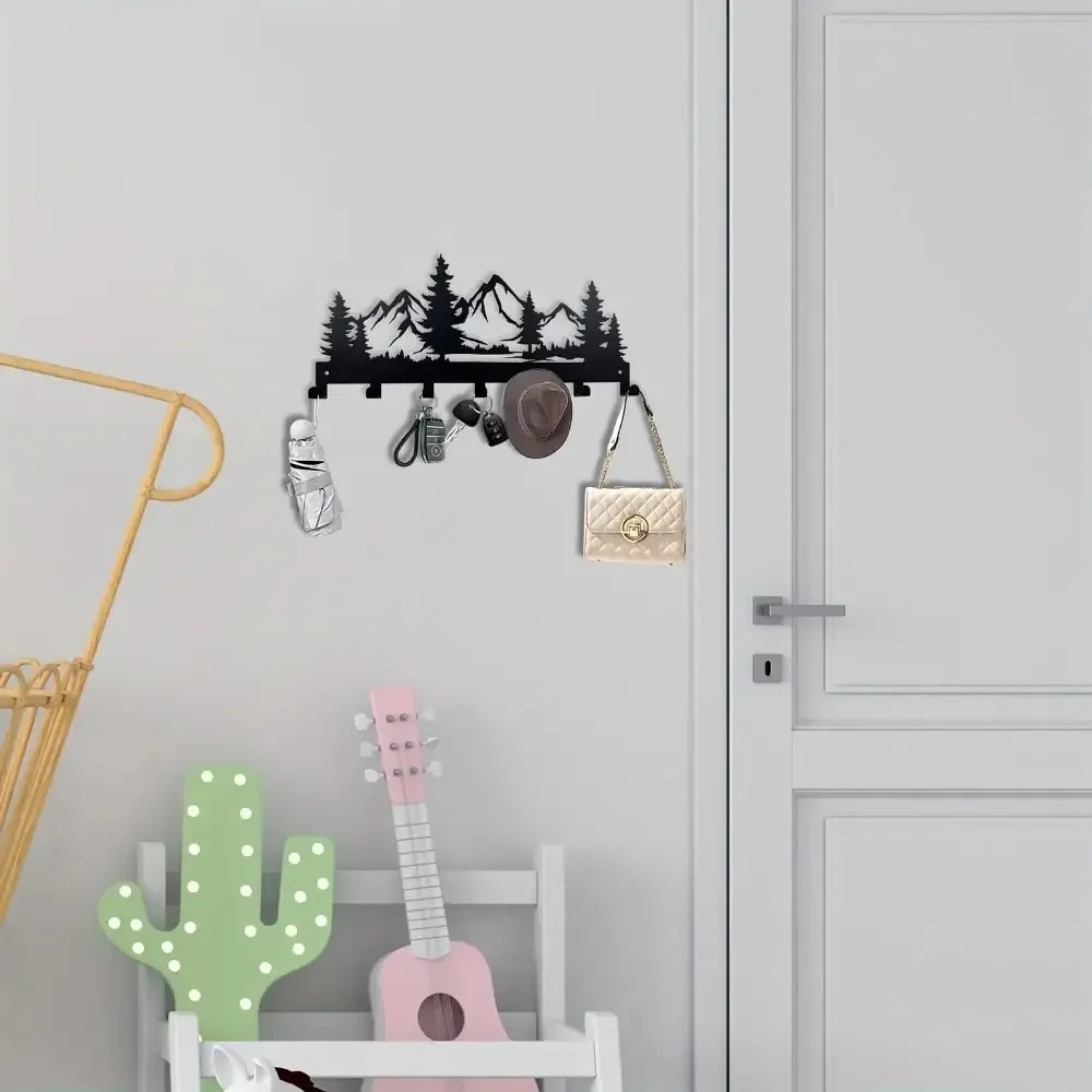 【2D Flat】Mountain Forest Metal Wall Hook Rack - Stylish Organizer for Keys, Jackets, Hats & Wallets - Rustproof Entryway