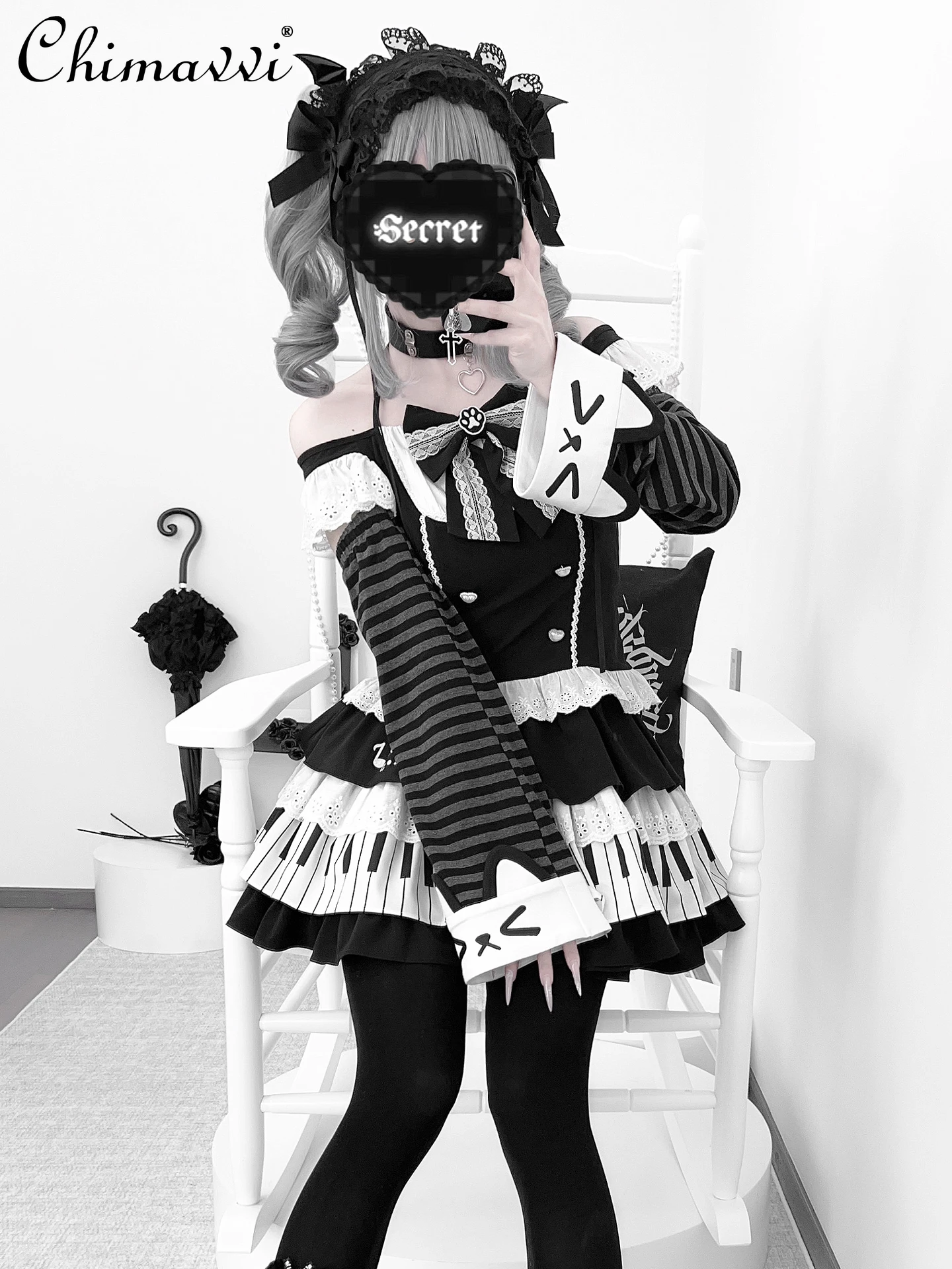 Original New Japanese Subculture Cute Bow Sleeve Top + Short Skirt Two-piece Set 2025 Summer Dark Girls Women Y2k Outfits