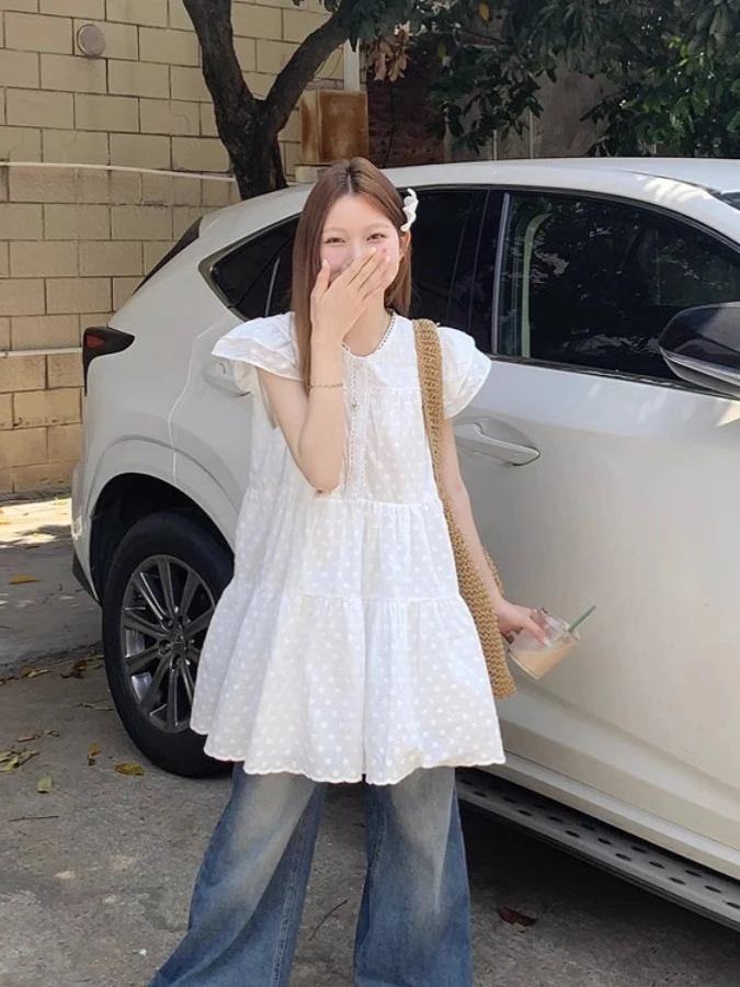 Ele Loose Women's Dr with Fly Sve Floral Embroidery A-Line ort Skirt Faionable Autumn New Sle Sweet Temperament