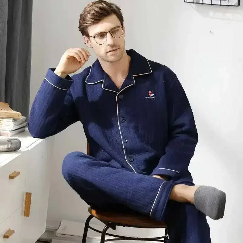 Herbst & Winter verdicken Herren Pyjama Sets einfache warme Nachtwäsche Baumwolle Top Hose Freizeit Outwear weiche Plus Size Lounge wear 2024