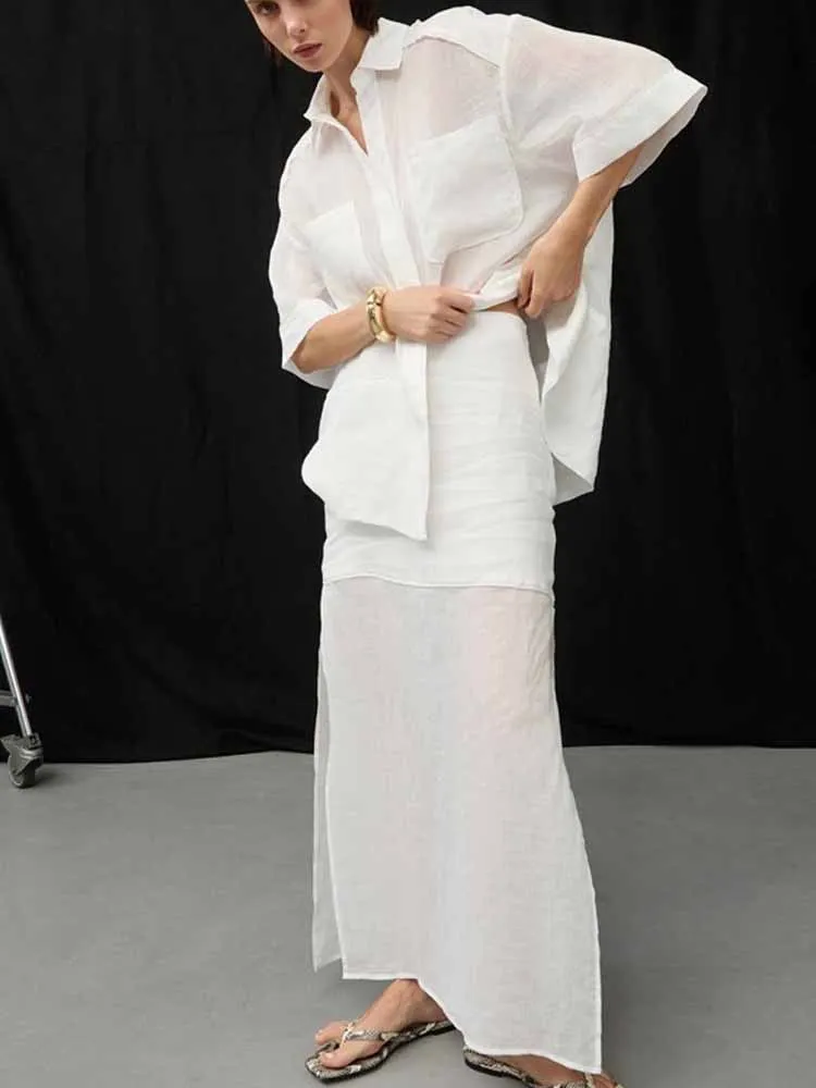 

MCDV Fashion White Shirt 2 Pieces Dress Set Women Half Sleeve Button Pocket Blouse And Side Split Long Skirt Outfits 2025 Summer