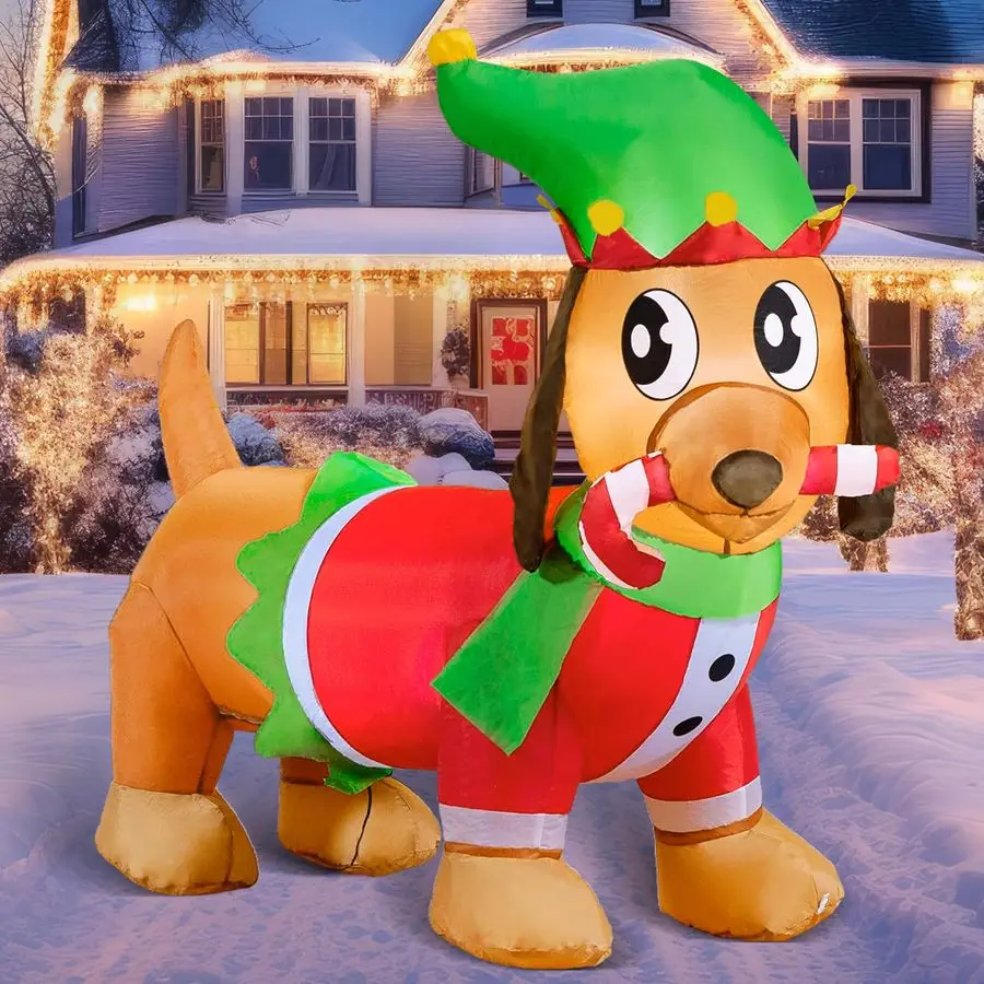 

Christmas Inflatable Puppy Holding A Candy Cane, Christmas Outdoor Inflatable Decoration with Builtin LEDs Blow Up for Xmas Part