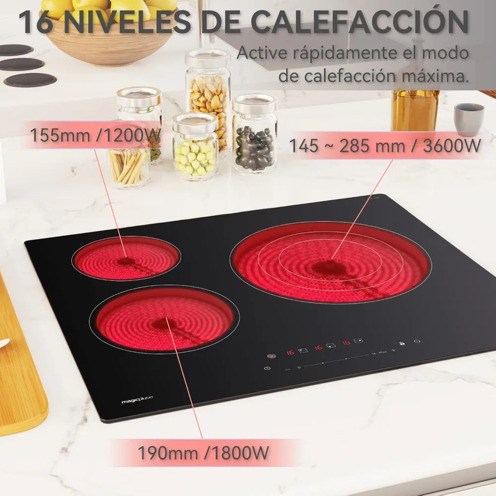 Magicplux Placa Vitrocer Policia 3 Fuegos، 59 سم فيتروسيراميلا دوبل منطقة، 16 نيفليس دي بوتينسيا، يتحكم في Táctiles، Temporizador،