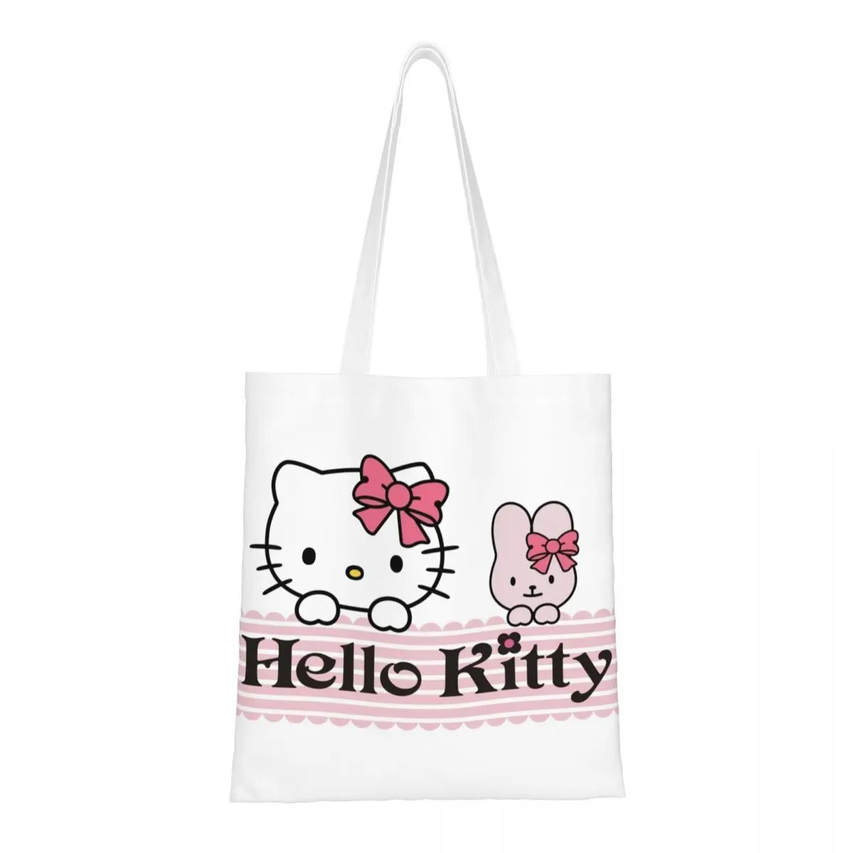 

Сумки для покупок с бантом Hello Kitty из мультфильма на заказ, холщовая сумка-шоппер с милым принтом, сумка-тоут через плечо, вместительная моющаяся сумка