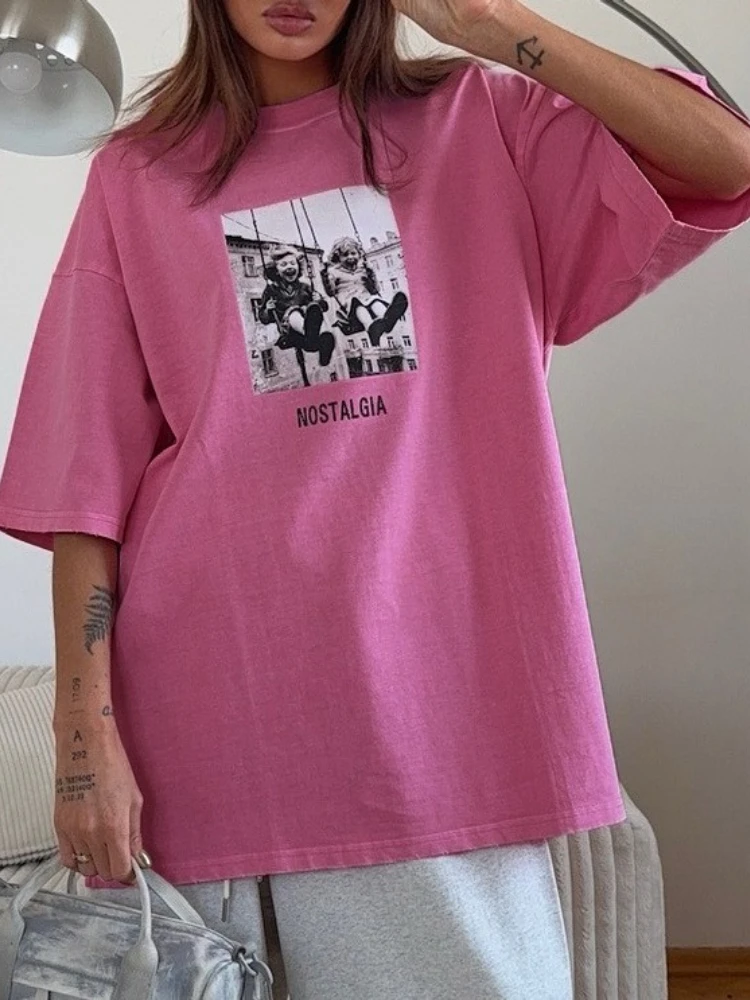 

New Summer Women's Retro Printed Washed Cotton Short Sleeve O-neck Tshirts Wax Printing Fashion Hip Hop Loose Tees Sports Tops