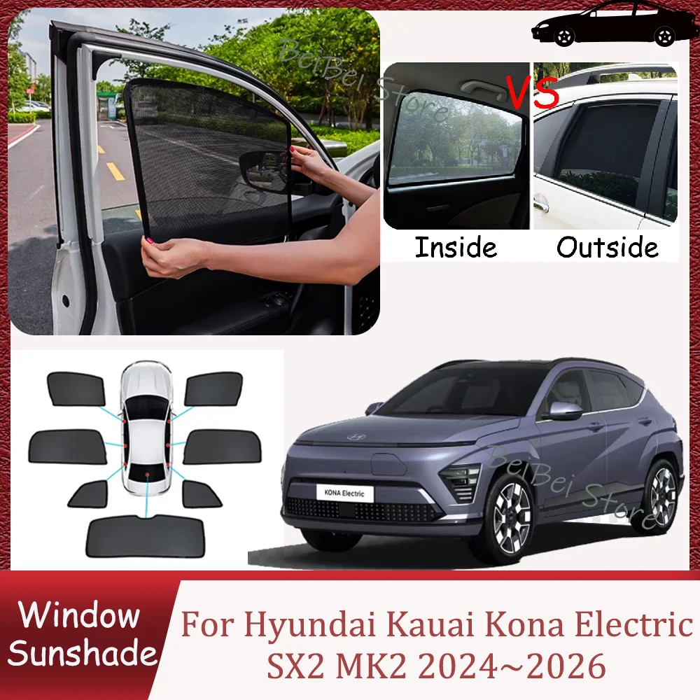 

Для Hyundai Kauai Kona Electric SX2 2024~2026 2025: Магнитные сетчатые солнцезащитные шторки для боковых окон, аксессуары для интерьера автомобиля