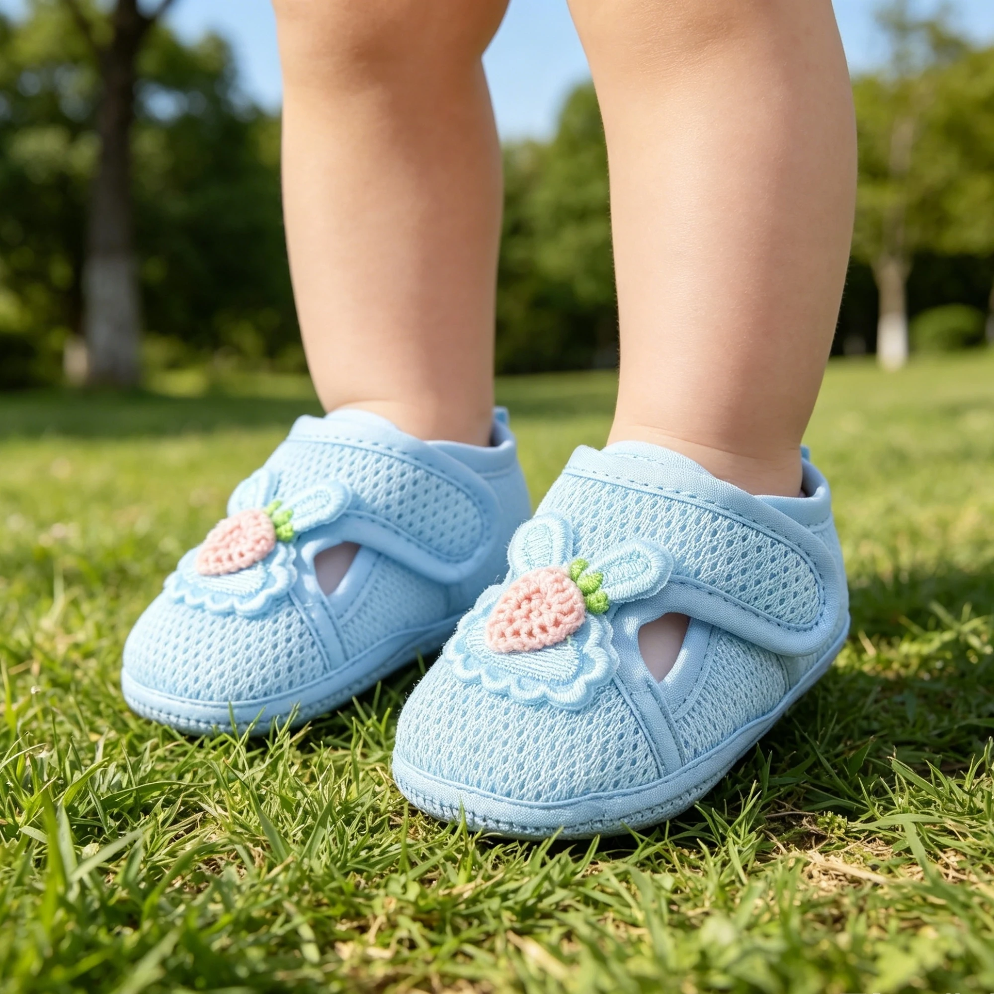 Infant First Walker Shoes Breathable Mesh Baby Sneakers Cute Crochet Strawberry Rabbit Embroidery Shoes