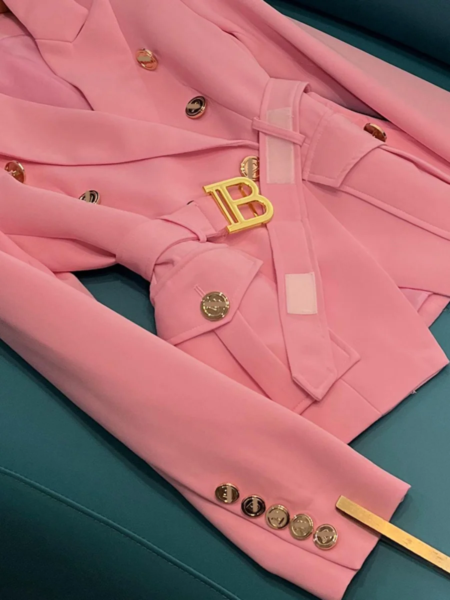 Ele ort Pink Suit Jaet Women's Faion High Quali Belted Waist Design Commute Sle Long Sve Button Detail