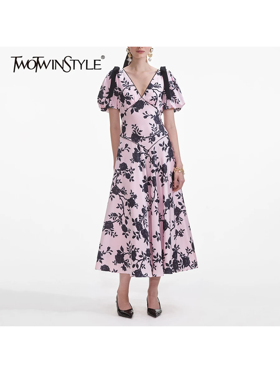 

TWOTWINSTYLE Hit Color Slimming Printing Dresses For Women V Neck Short Sleeve High Waist Temperament Dress Female Fashion Style