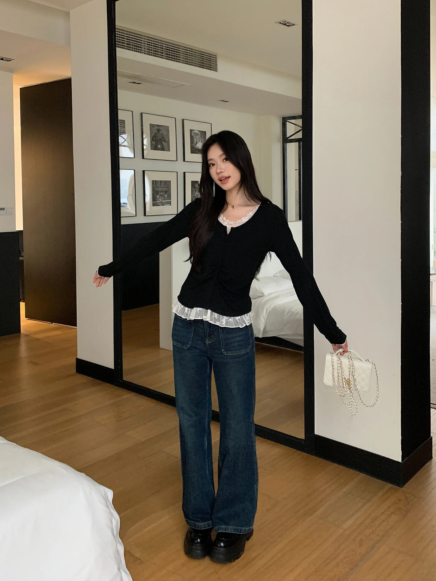 

Джинсы с высокой талией, прямого кроя, синие, с высокой эластичностью, из выцветшего денима, повседневные, хлопковые, эластичные, для женщин