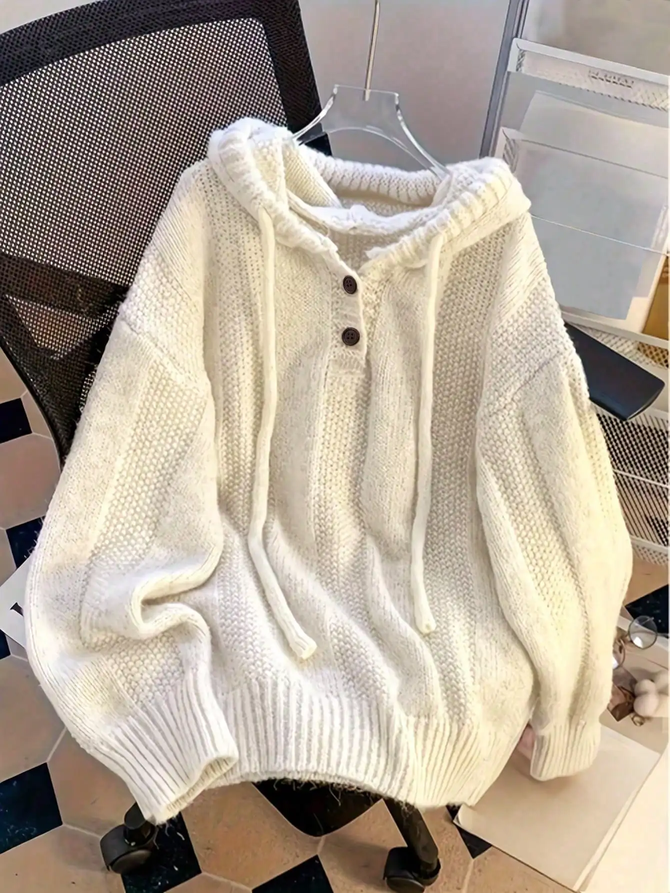 

Женский свободный вязаный кардиган с капюшоном, пуговицами спереди и шнурком, уютный осенне-зимний пуловер-свитер