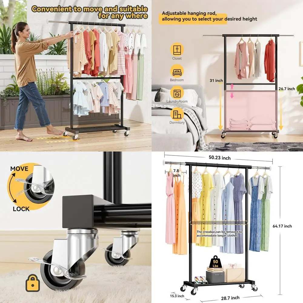 

50 Rolling Adjustable Metal Clothes Rack with 150 lbs Capacity, Black