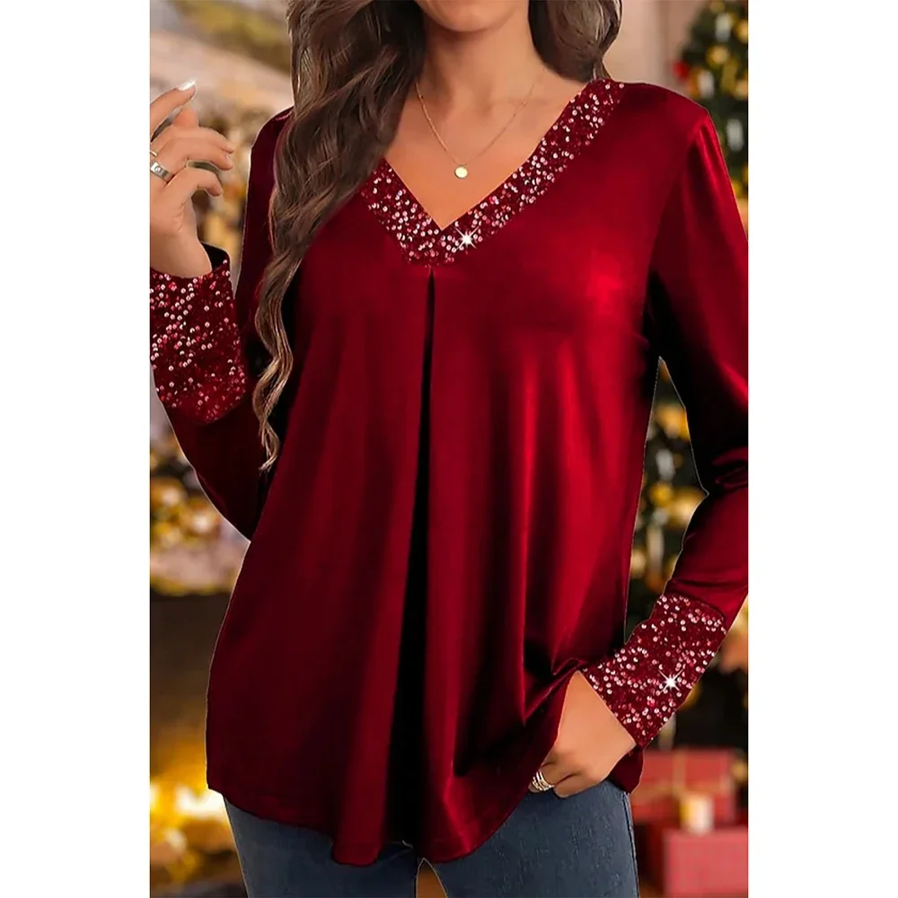 Plus Size Christmas Red Sparkly Sequin Patchwork Fold V Neck Blouse