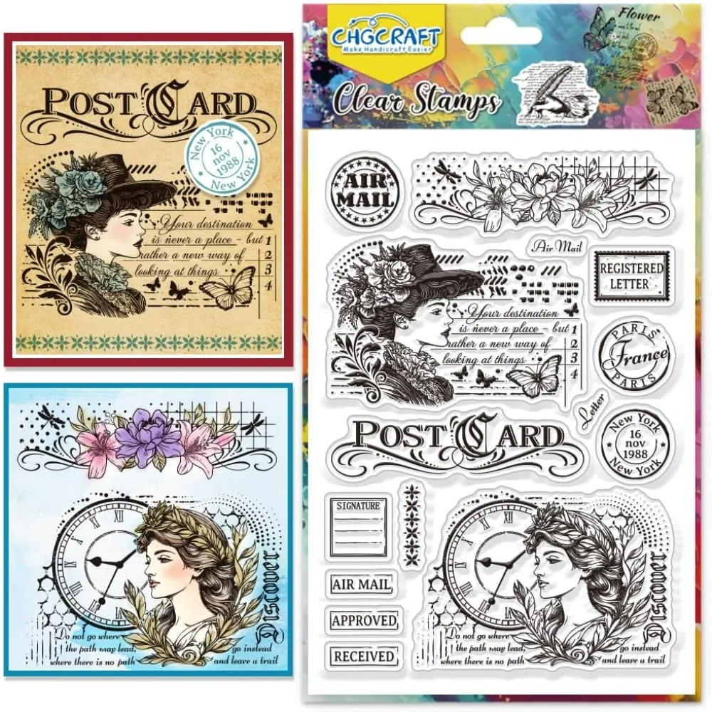 Vintage Damen Klare Stempel Postkarte Transparente Stempel Buchstabe Silikon Klare Stempelsiegel für DIY Scrapbooking Fotoalbum