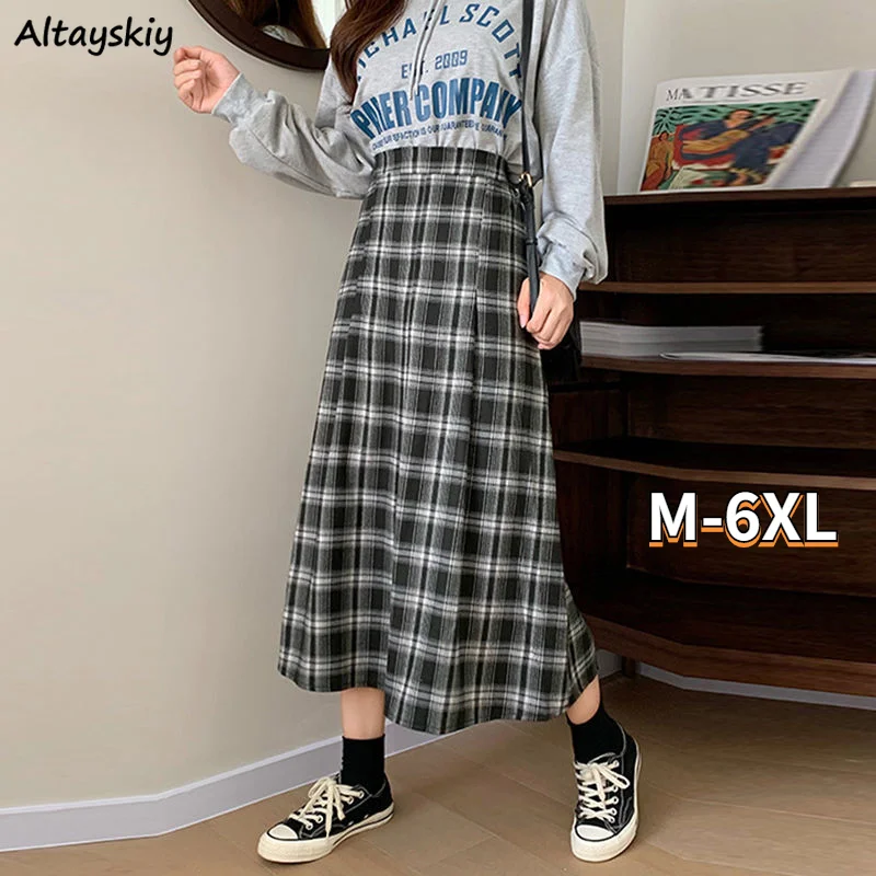 

Women Skirts Plaid Retro College Kawaii 6XL Loose High Waist All-match Elastic Fashion Basic Skirt Vintage A-line Korean Style