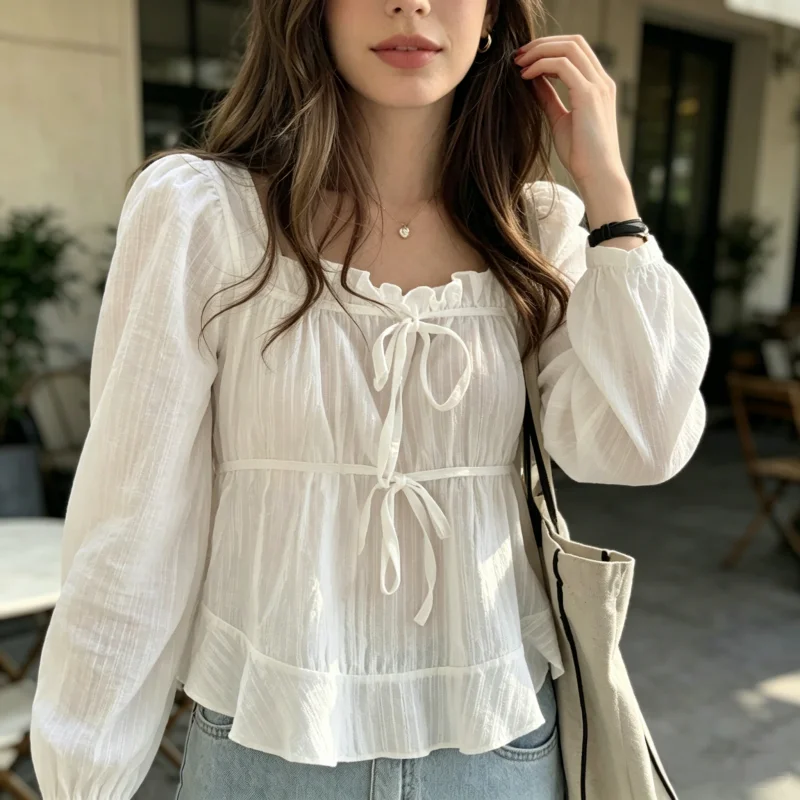 

2026 New Long Sleeve Lace-up Tops Spring Women White Blouses Girls Casual Shirt Femme Elegant Casual Clothing