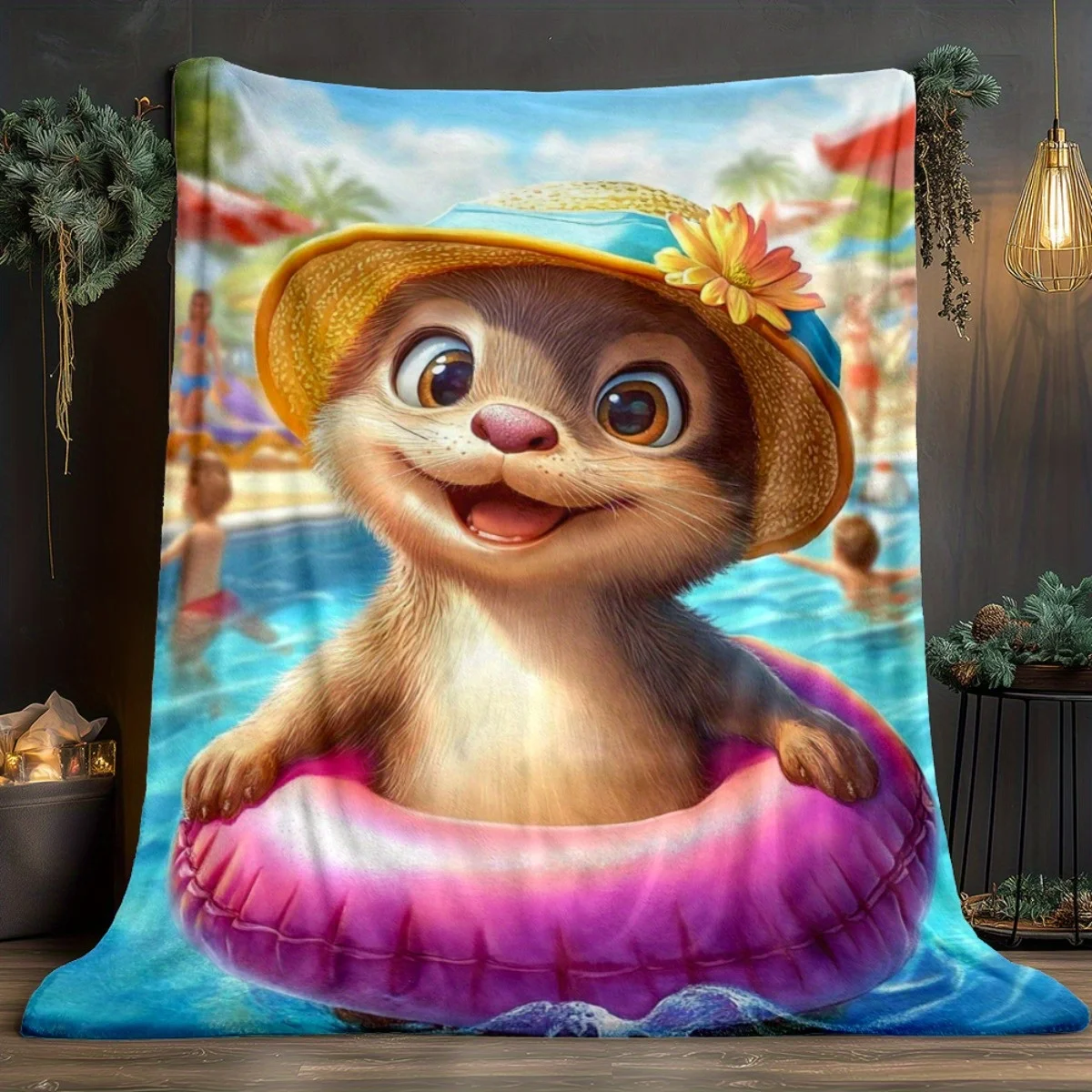 Cute Otter Pool Float Summer Vacation Animal Blanket Flannel Soft Throw Blanket for Kids Room Decor Happy Beach Design