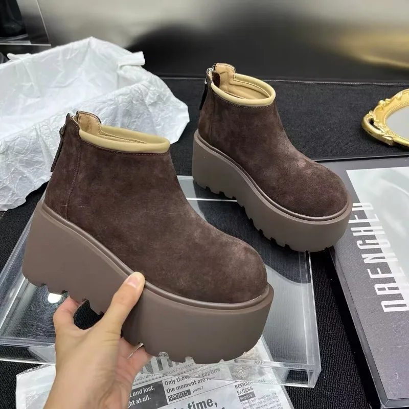 Autumn New Thick Sole Single Boot Women\'s Round Head Suede Back Zipper Anti-slip Wear-resistant Wedge Boots