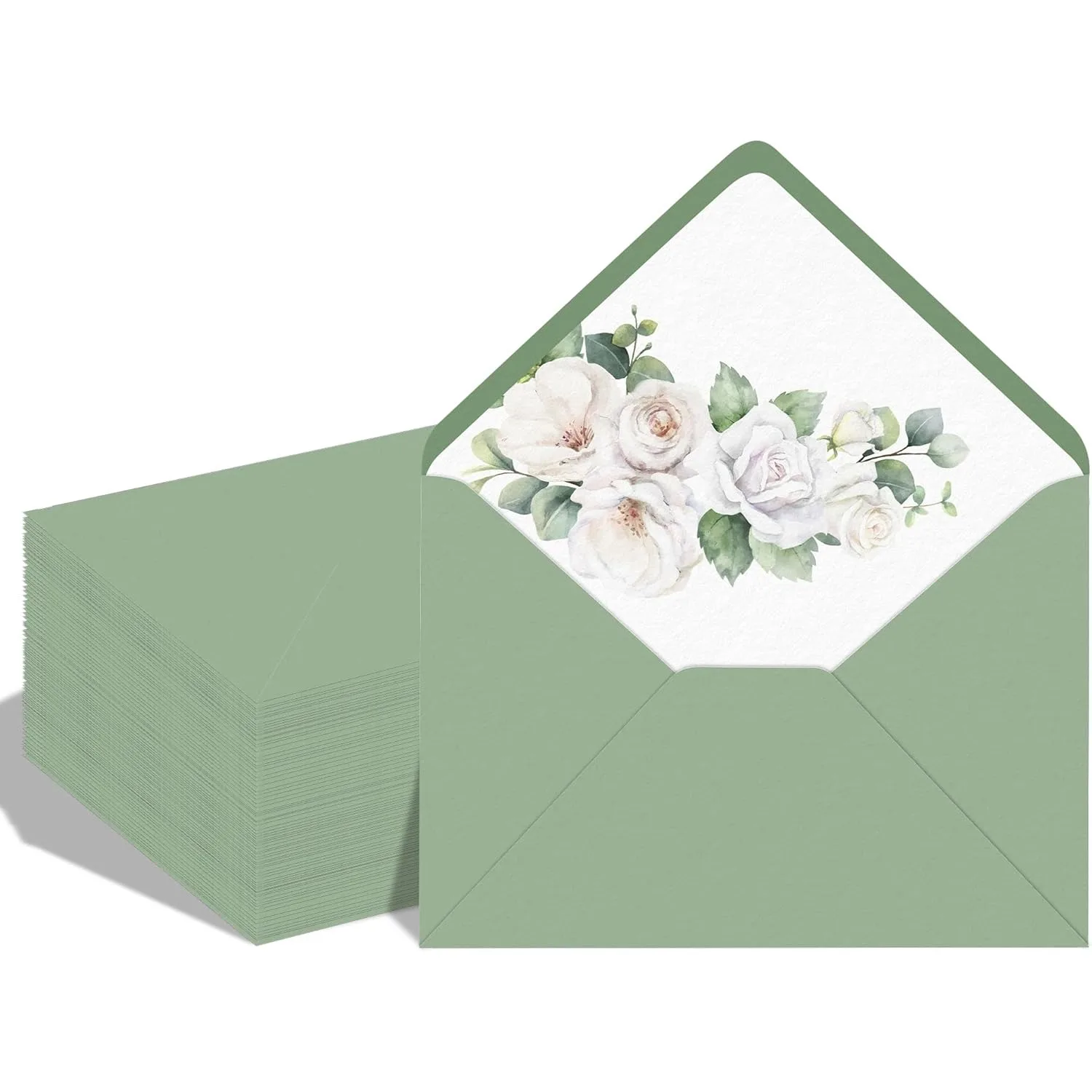 

50 Pack 5 x 7 Inches Sage Green Envelopes Floral Pattern Invitation Envelopes V-flap Water Gummed 150GSM Thick Paper for Wedding
