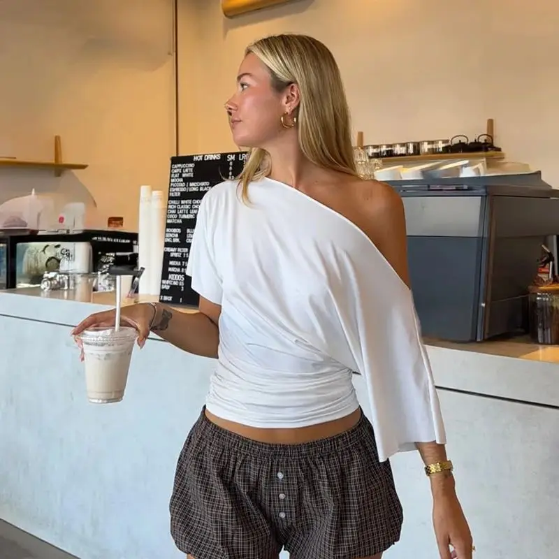 Summer off Shoulder Tshirt Women Tops Slim Fit Short Sleeve Cleanfit Style Ladies Fashion Cotton Blend Tshirt