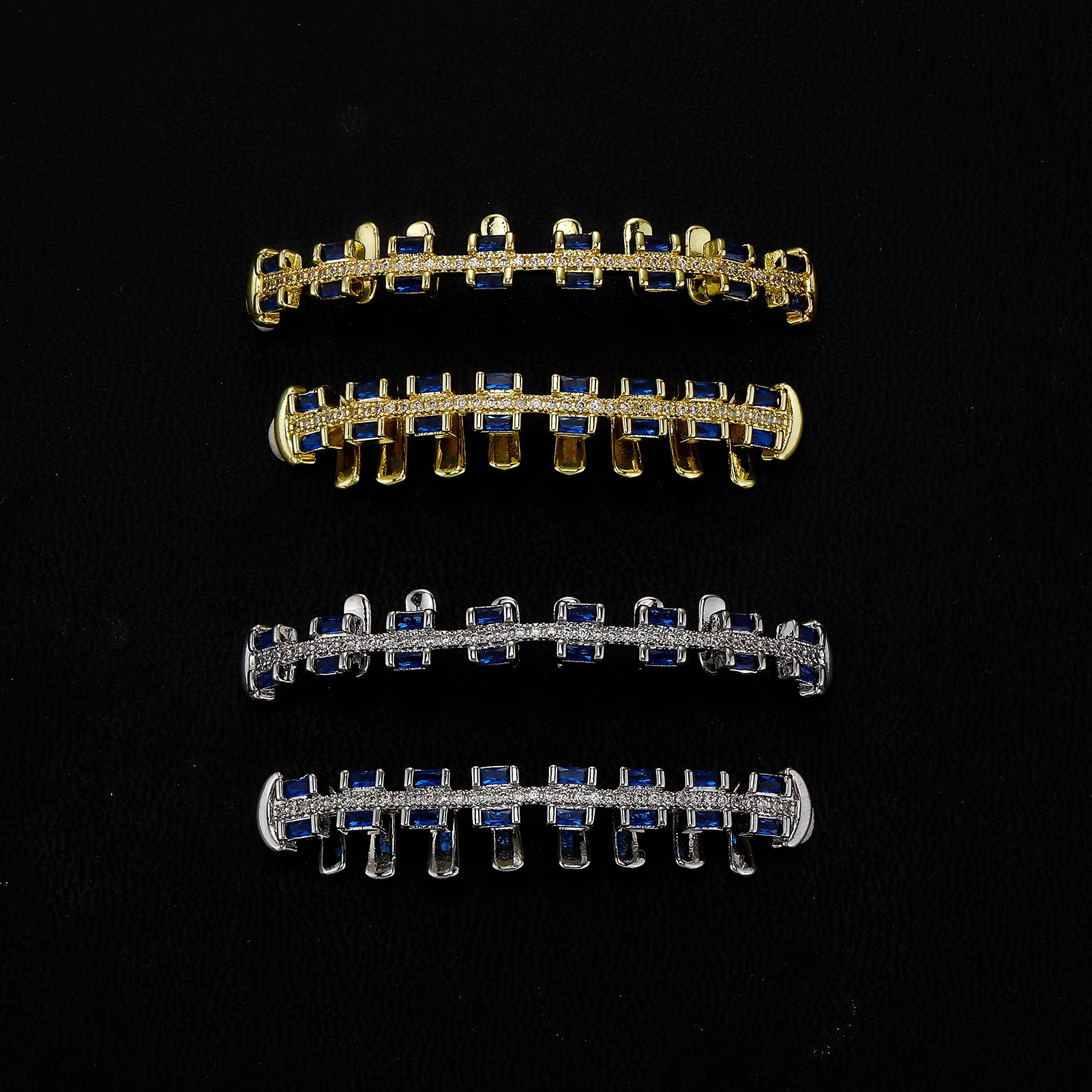 JINAO Hip-Hop Iced Blue Baguette CZ Stein 8 Zähne Rob Grillz Set für Herren & Damen – Glänzende quadratische Grillz für Ober- & Unterkiefer – Punk Rapper Geschenk – Detail 2