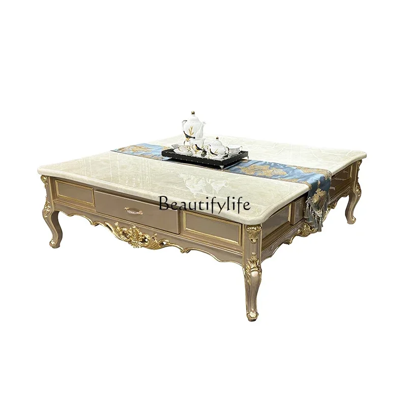 

yj7 -French large coffee table Solid wood square court luxury villa Living room with drawers Marble large coffee table