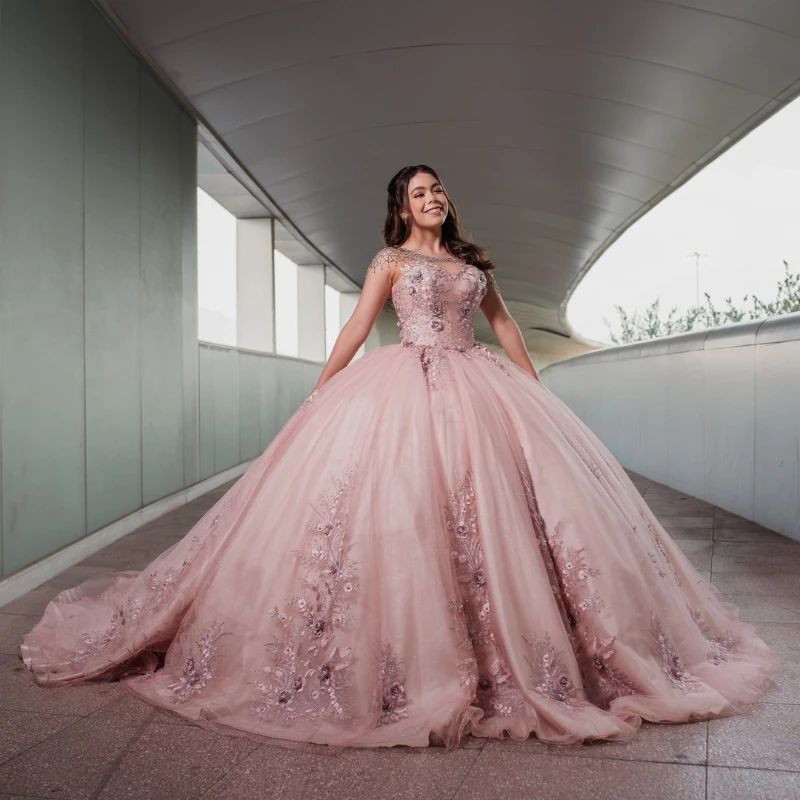 Vestido De quinceañera rosa personalizado, cuentas De flores 3D mexicanas, Vestido De baile hinchado con apliques, Vestido dulce 16, Vestido De 15 Años YQD416