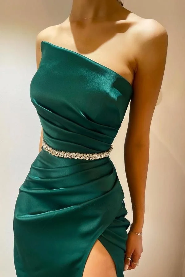 Hunter Green Evening Dresses Mermaid Rhinestone Spaghetti Straps Strethcy Satin Pleat with Slit Long Prom Gown Women Party Dress