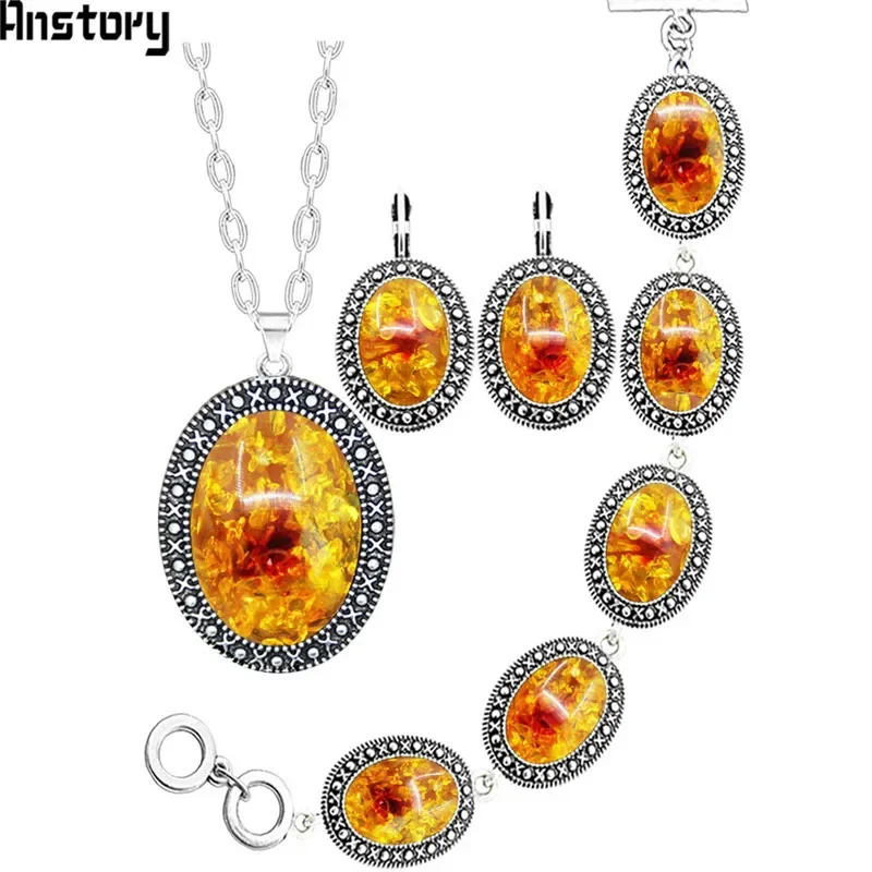 Oval Flower Simulated Ambers Necklace Earrings Bracelet Jewelry Set Vintage Look Antique Silver Plated Fashion Jewelry