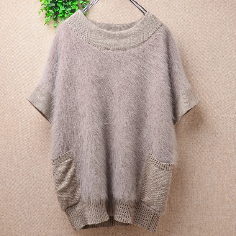 04 Ladies Women Vintage Fall Winter Hairy Angora Rabbit Hair Knitted Short Sleeves O-Neck Slim Blouses Pullover Sweater Vest Top