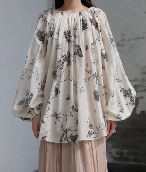 Women Fashion Flower Printed Shirt One Shoulder Lantern Sleeve Loose Ladies Top